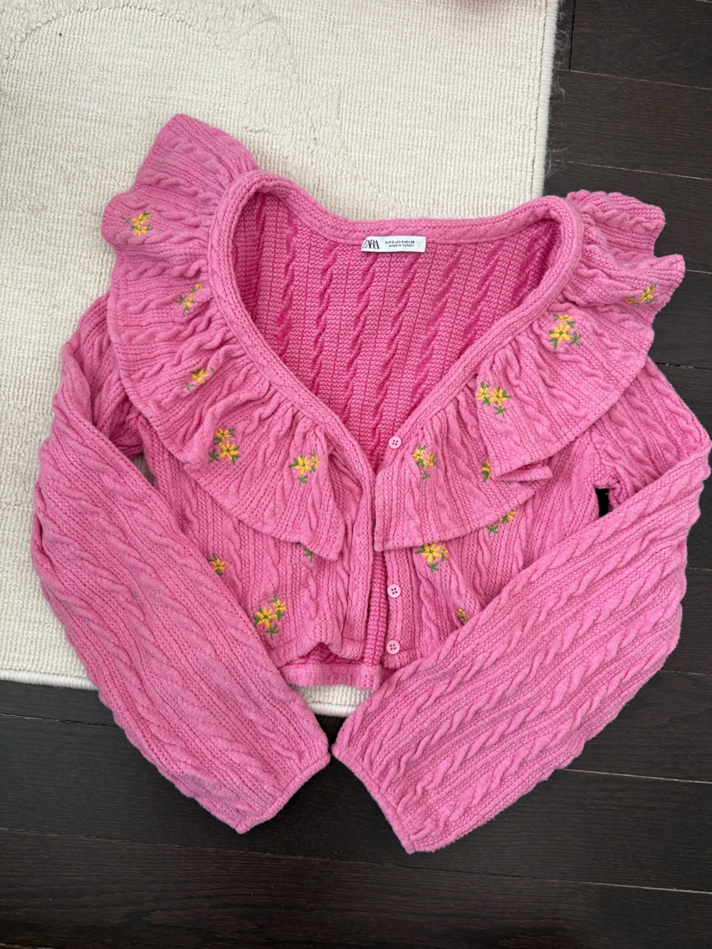 Zara Pink Cable-Knit Ruffle Cardigan with Yellow Floral Embroidery